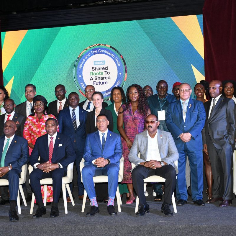 Dr. Andrew Holness (seated second from right), Prime Minister of Jamaica and chair of CARICOM, is pictured alongside fellow CARICOM Heads of Government, including Gaston Browne (seated far right), Prime Minister of Antigua and Barbuda, and Dr. Terrance Drew (seated second from left), Prime Minister of St. Kitts and Nevis. They were joined by an African delegation led by Professor Benedict Okechukwu Oramah (seated far left), president and chairman of the Board of the African Export-Import Bank (Afreximbank), along with representatives from JN Bank and other Jamaican Government officials. The occasion was an official side meeting to the 49th CARICOM Heads of Government Meeting, held in Montego Bay, Jamaica on July 8, focused on strengthening partnerships between Africa and the Caribbean.