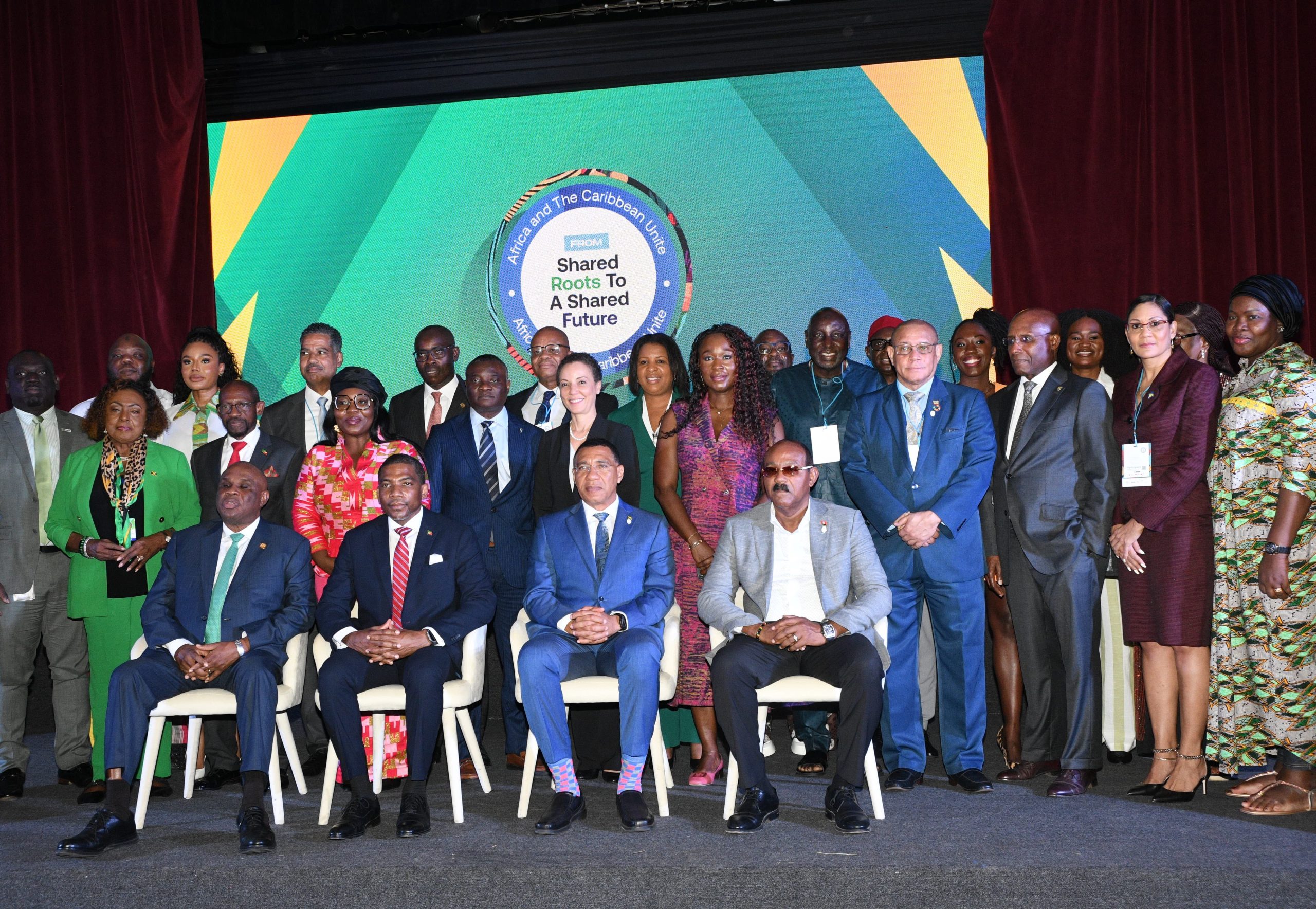 Dr. Andrew Holness (seated second from right), Prime Minister of Jamaica and chair of CARICOM, is pictured alongside fellow CARICOM Heads of Government, including Gaston Browne (seated far right), Prime Minister of Antigua and Barbuda, and Dr. Terrance Drew (seated second from left), Prime Minister of St. Kitts and Nevis. They were joined by an African delegation led by Professor Benedict Okechukwu Oramah (seated far left), president and chairman of the Board of the African Export-Import Bank (Afreximbank), along with representatives from JN Bank and other Jamaican Government officials. The occasion was an official side meeting to the 49th CARICOM Heads of Government Meeting, held in Montego Bay, Jamaica on July 8, focused on strengthening partnerships between Africa and the Caribbean.