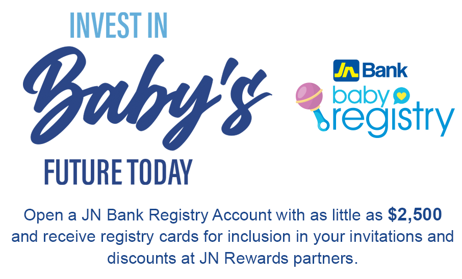 Promotional banner for JN Bank's Baby's Registry: 'Invest in Baby's Future Today' with offer details about a $2,500 registry account and cards.