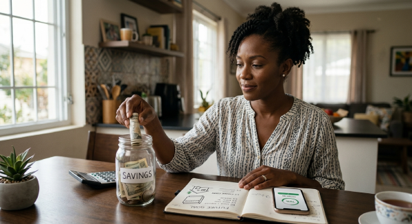 Woman at a bright kitchen table deposits coins into a jar labeled SAVINGS while planning finances in a notebook nearby.